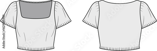  Short sleeve crop top flat sketch, front and back view, square neckline blouse design, women’s fashion template, technical illustration, summer style