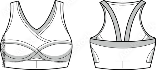 : V-neck sports bra flat sketch, front and back view, crossover band detail, athletic design, technical fashion illustration, women gym wear,.