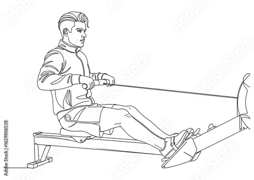 Young man on a rowing machine, an effective full-body cardio and strength workout.