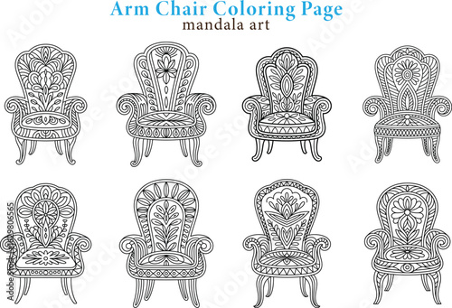 Detailed hand drawn armchair coloring page featuring mandala art design elements for relaxation and creative expression