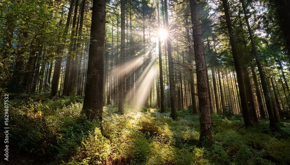 Naklejka premium cinematic forest scene n sun rays shining through tall trees