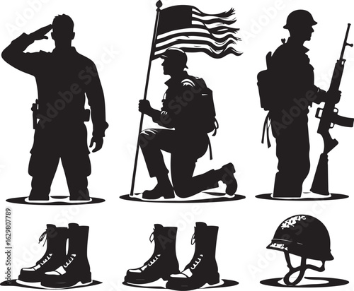 Honoring heroes with salutes, flags, and combat gear silhouettes