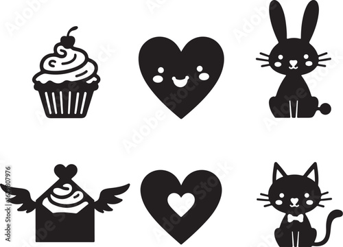Cute kawaii icons: hearts, bunny, cat, cupcake, love letter