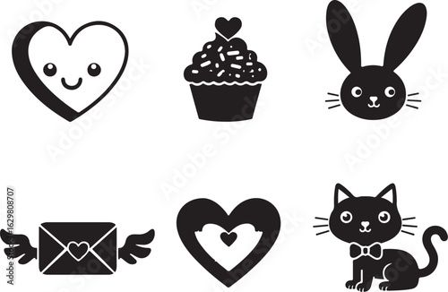 Cute hearts, cat, bunny, cupcake, and love letter icons
