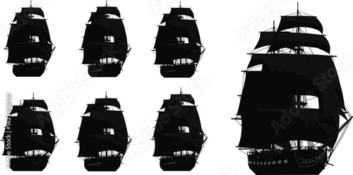 Vintage sailing ship silhouettes with full sails, classic tall ship vectors
