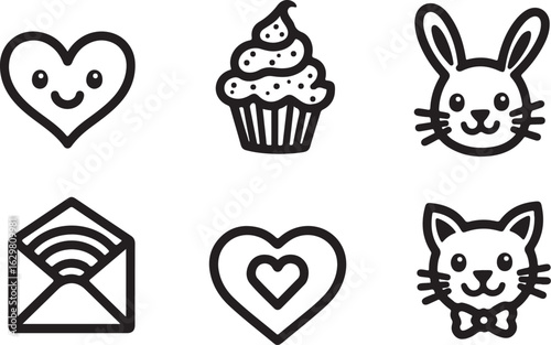 Cute icons hearts, cupcake, bunny, envelope, cat, lovely symbols