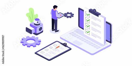 Man working with technology and checklists for project management and task completion