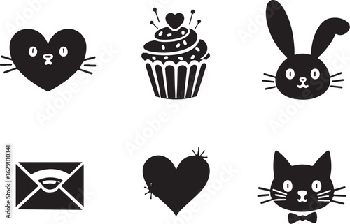 Cute animal icons, cupcake, heart, and envelope graphics