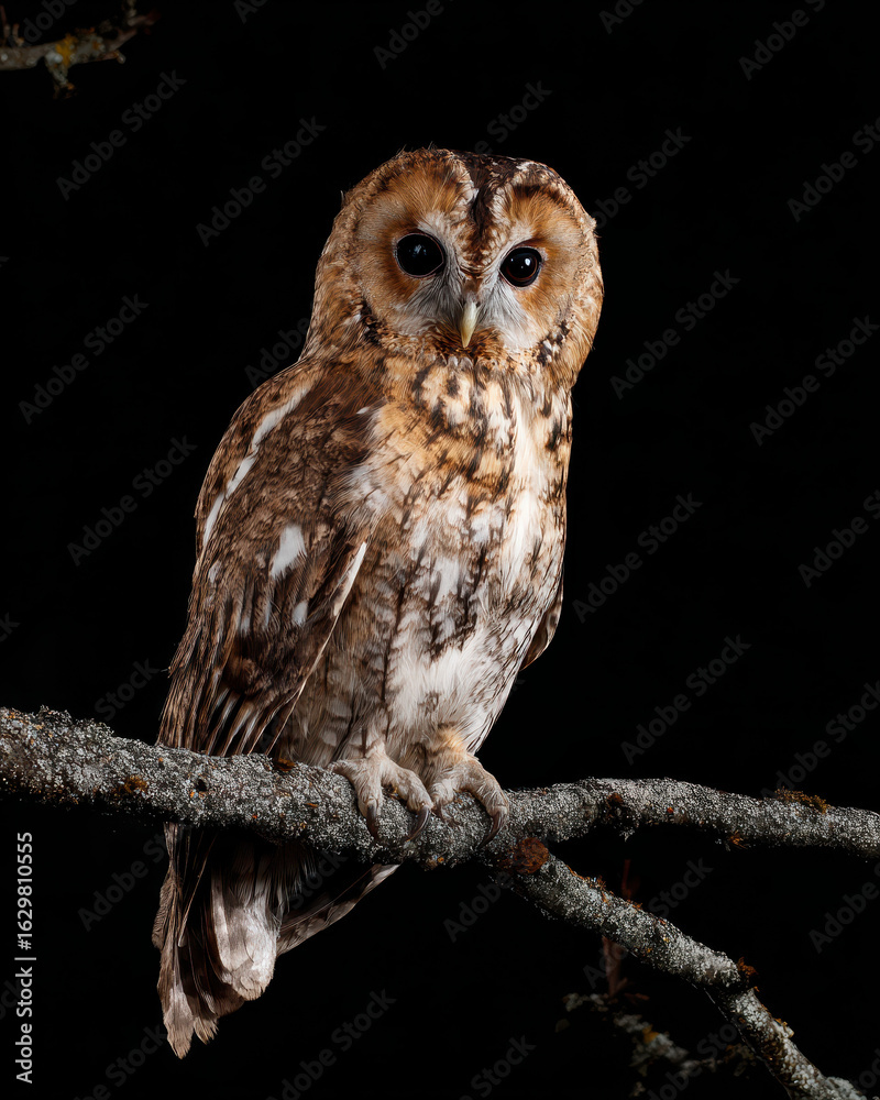 Obraz premium Brown Owl Perched on Branch Night Moonlight