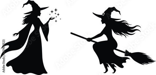  Witch silhouettes vector set, flying witch on broomstick, magical woman