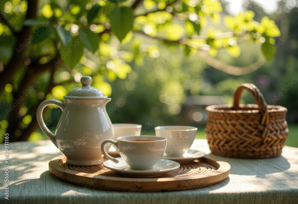 Fototapeta premium White ceramic teapot and cups on a wooden tray outdoors with greenery in the background
