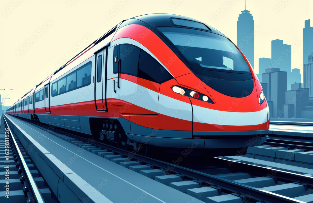 Naklejka premium High-speed train traveling on elevated tracks with city skyline in the background