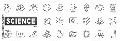 Set of science related line icons. Laboratory, research, chemistry etc. Editable stroke