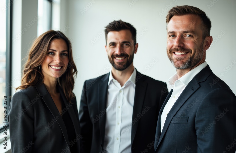 Business professionals smiling in a modern office setting with large windows and natural light Business professionals smiling in a modern office setting with large windows and natural light