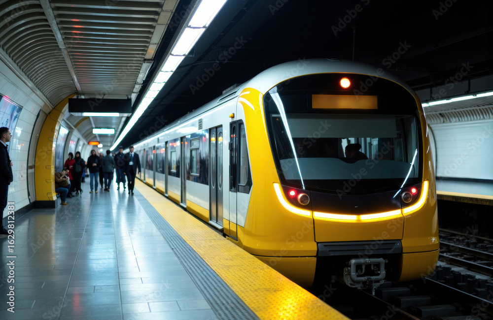 Obraz premium A modern yellow subway train arrives at an underground station platform with passengers waiting