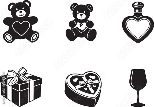 Charming Valentine's Day icons teddy bear gift wine glass heart