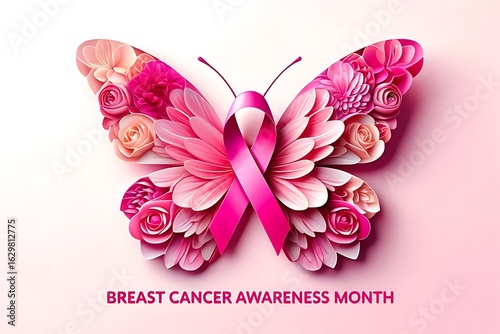 Breast cancer ribbon and butterfly made of pink petals and paper flowers on light background, ideal for awareness month promotions, women’s health campaigns, digital graphics and flyers