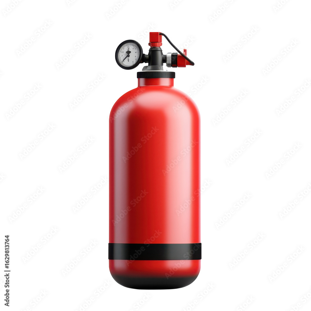 Obraz premium Red fire extinguisher with pressure gauge, safety equipment for emergency situations, and fire prevention in industrial or residential settings on transparent background