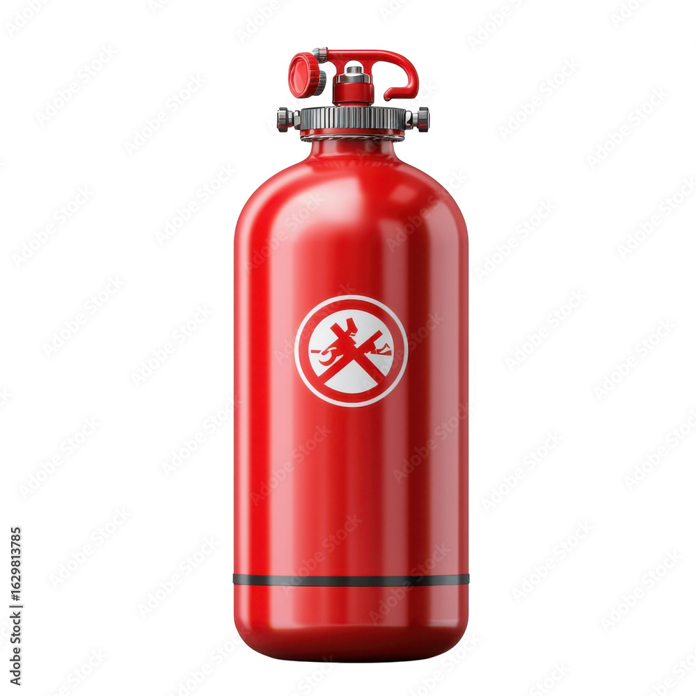 Obraz premium Red fire extinguisher with safety label, emergency equipment for fire protection and suppression, safety compliance for home and industrial environments on transparent background