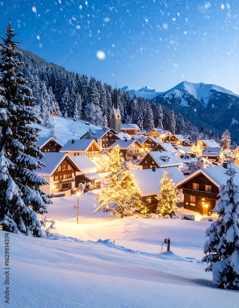 Fototapeta premium Snowy village at night (1)