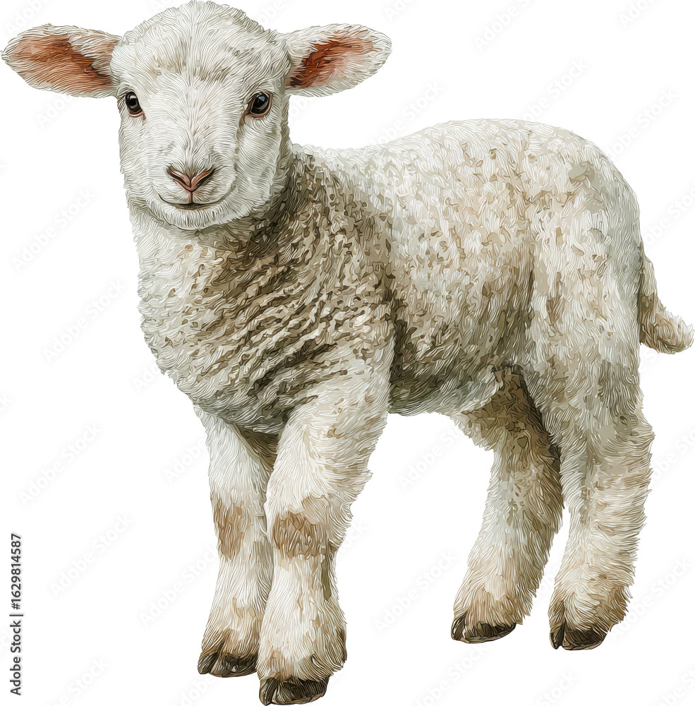 Fototapeta premium Adorable fluffy white lamb standing on a transparent background looking at the camera