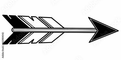 A black and white illustration of an arrow with a feathered end and a pointed head design element