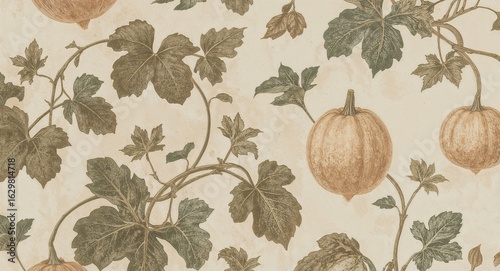 Vintage Botanical Pumpkin and Gourd Pattern on Aged Paper Autumn Harvest Illustration