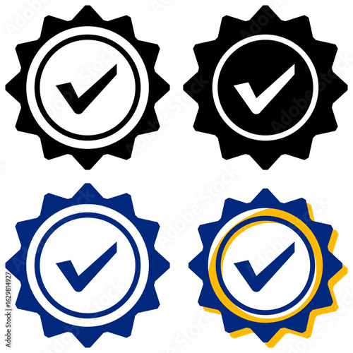 Set of check mark icons in black, blue, and yellow on white background represents acceptance, validity, and verification for business and marketing visuals.