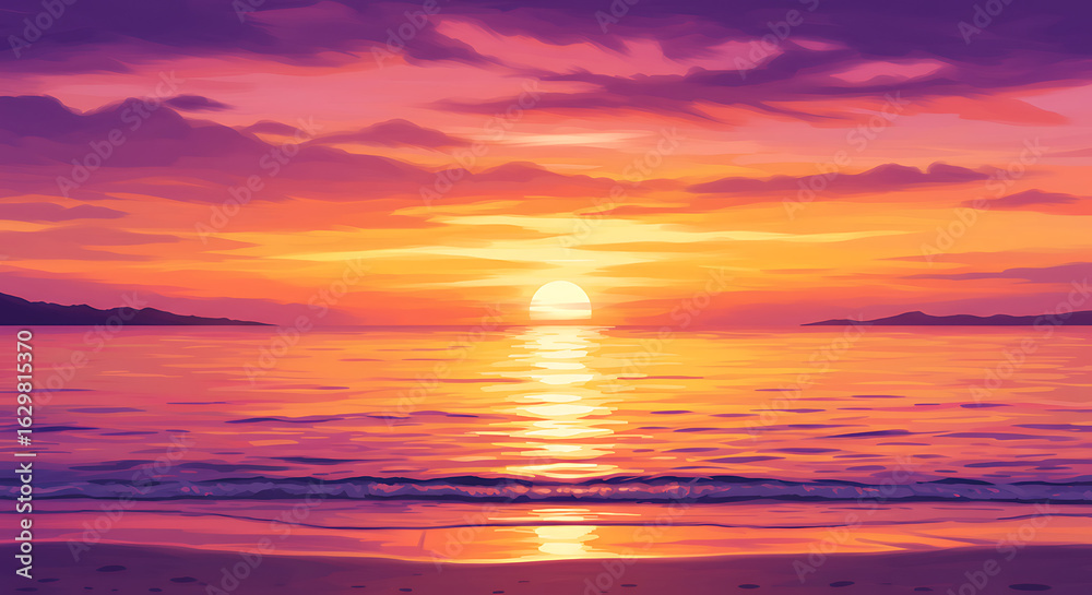 Obraz premium Serene Sunset Seascape: Vibrant Orange and Purple Hues, Calm Ocean Waves, Silhouetted Mountains