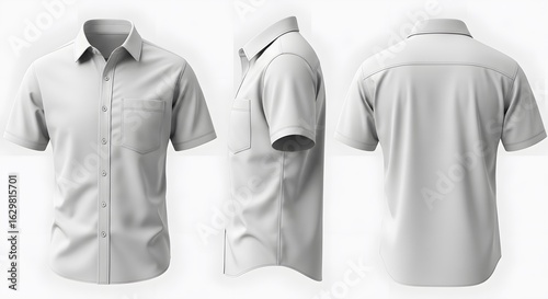 White Blank Short Sleeve Shirt Mockup Front, Side, and Back Isolated on White Background