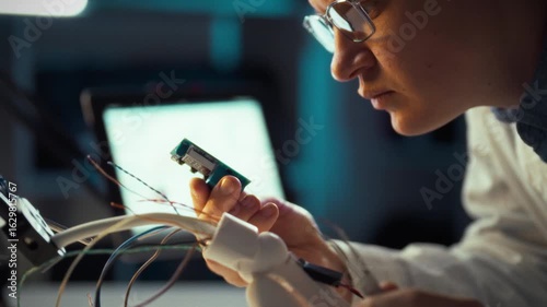 A focused engineer examines a circuit board surrounded by wires and cables in a dimly lit technology lab. This late-night session highlights the intricate details of electronics and innovation