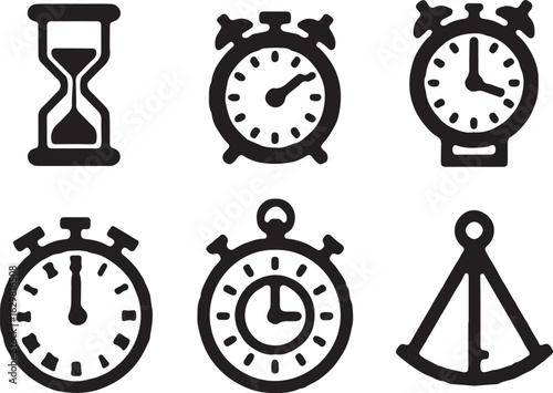 Iconic timekeeping symbols: hourglass, alarm, stopwatch, compass