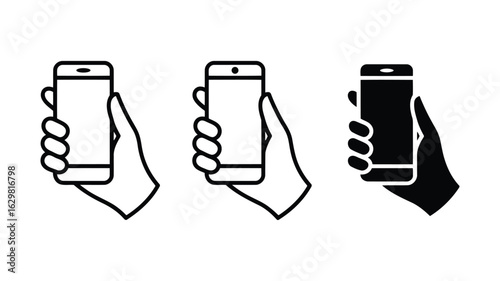 Three variations of a hand holding a smartphone; line art, filled line art, and solid black; modern, minimalist style; conveying technology, communication, and mobile usage.