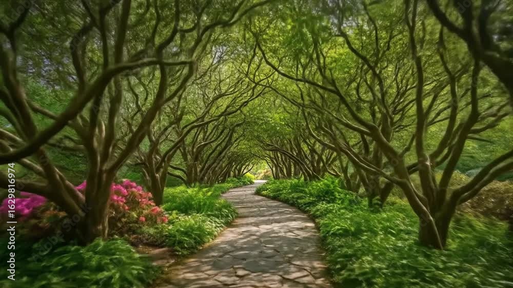 Enchanting Tree Tunnel with Lush Greenery and Blooming Azaleas Creates a Picturesque Pathway Enchanting Tree Tunnel with Lush Greenery and Blooming Azaleas Creates a Picturesque Pathway