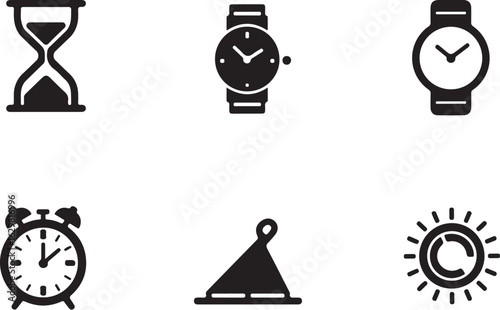 Time icons hourglass watch alarm sun elements collection