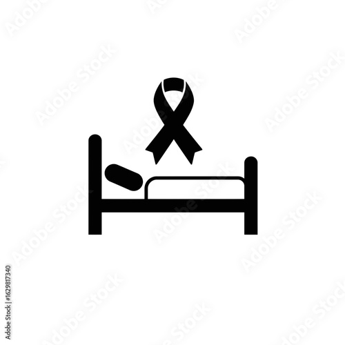 Bed with pillow and ribbon above in black and white silhouette