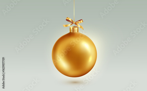 Gold Christmas bauble with ribbon and bow. Vector illustration. Christmas decoration