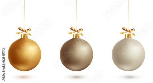 Gold Christmas bauble with ribbon and bow on white background. Vector illustration. Christmas decoration