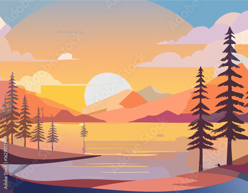 湖と夕日の風景