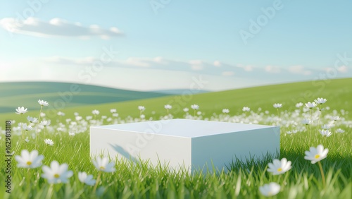 White square podium in a daisy flower field for product display. This 3D rendered scene with green hills and a blue sky is perfect for showcasing natural or cosmetic products.