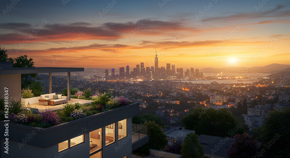 Naklejka premium San francisco skyline view rooftop terrace luxury home sunset city lights urban living california dreamin
