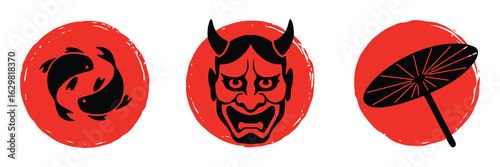 Japanese culture icons vector illustration with yin yang koi fish, oni mask, and traditional umbrella in red brush circle style