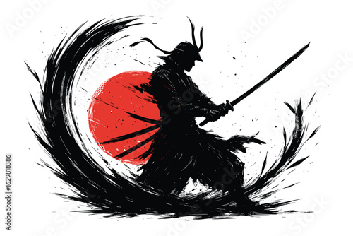 Samurai warrior silhouette with katana sword and red sun in dynamic sumi-e ink brush style japanese illustration