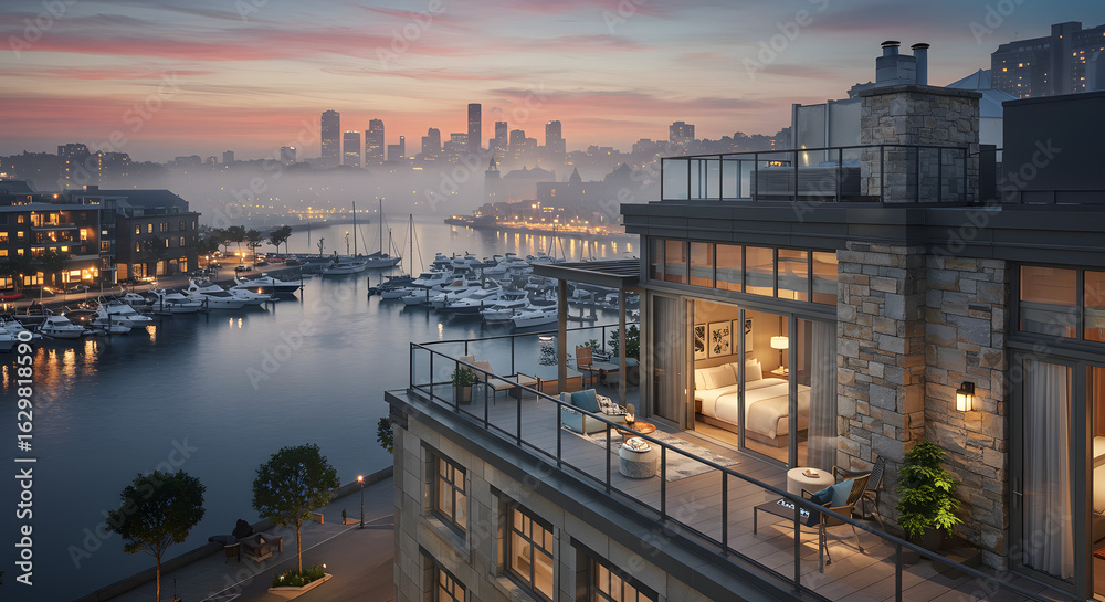 Fototapeta premium Luxury waterfront penthouse apartment with city skyline view overlooking marina at dusk twilight hour