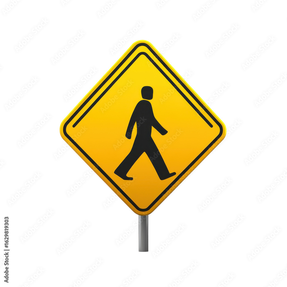 Yellow pedestrian crossing sign, alerting drivers to watch for people crossing the street, safety and caution for drivers and pedestrians on transparent background Yellow pedestrian crossing sign, alerting drivers to watch for people crossing the street, safety and caution for drivers and pedestrians on transparent background
