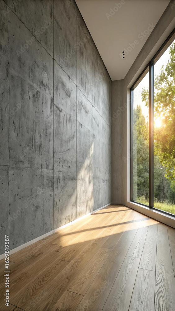 Fototapeta premium Modern room with concrete wall and large window overlooking a sunny forest