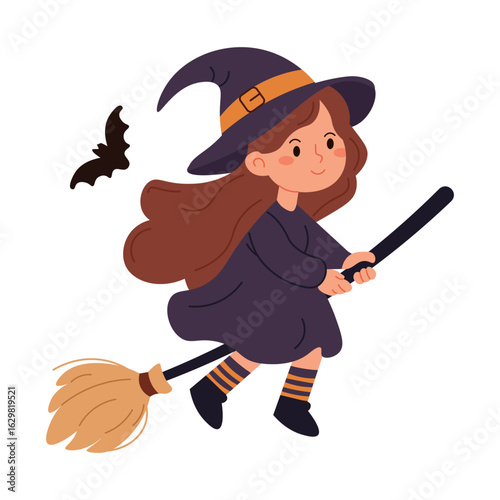 Cute flat style illustration of a young witch flying on a broomstick with a bat, perfect for Halloween designs, children's books, and magical fantasy themes.