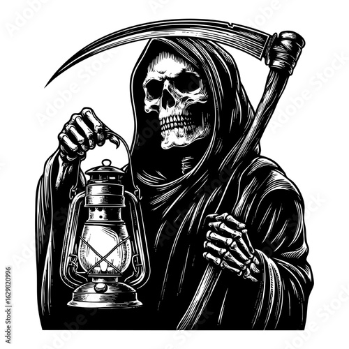 Detailed Engraving of	grim reaper holding sickle and lantern Black and White