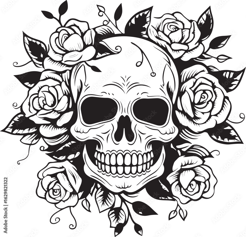 Fototapeta premium Skull and Rose Vector Black Logo Icon Elegant Design Skull with Rose Vector Black Logo Icon Stylized Graphic