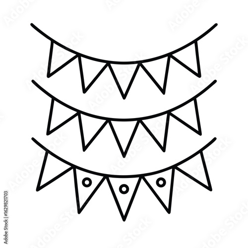 Simple black outline bunting flags on white background
